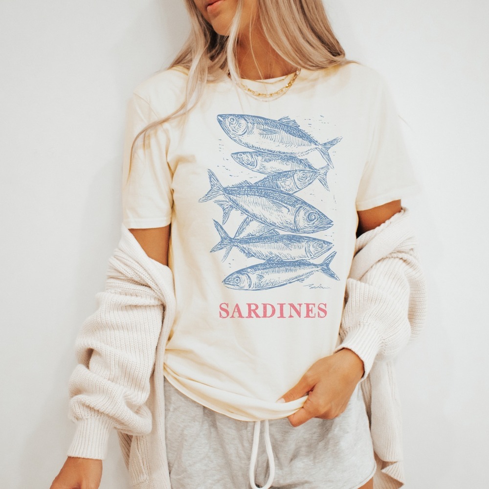 Sardines Engraved Line Art Graphic Tee Natural Cotton
